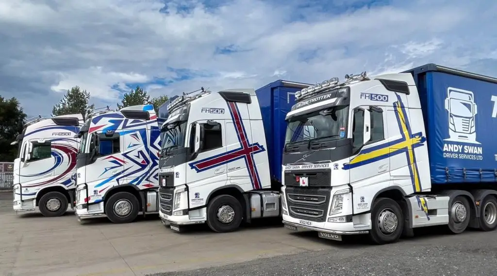 image of 4 Volvo trucks belonging to Andy Swan driver services