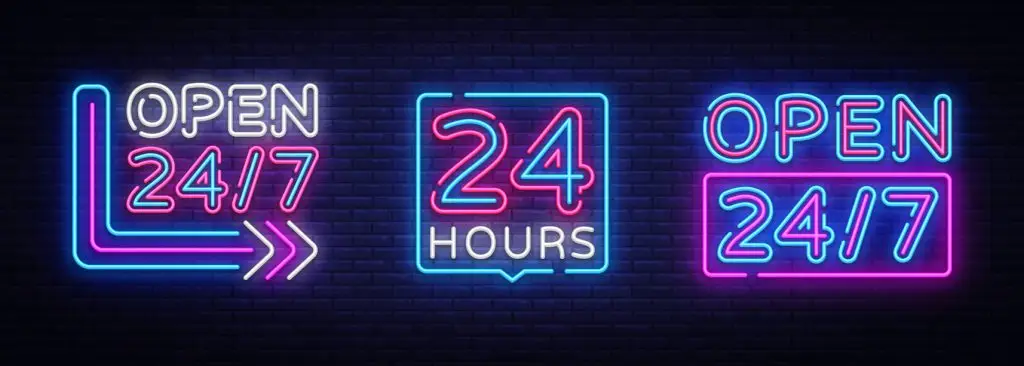 image of a neon sign in blue and red saying open 24 hours