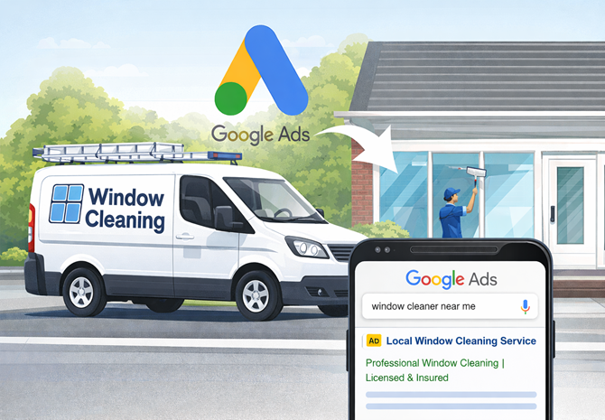 image of a window cleaner next to a google ads sign