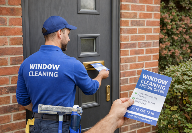 image of a window cleaner in a blue shirt canvassing door to door for new customers